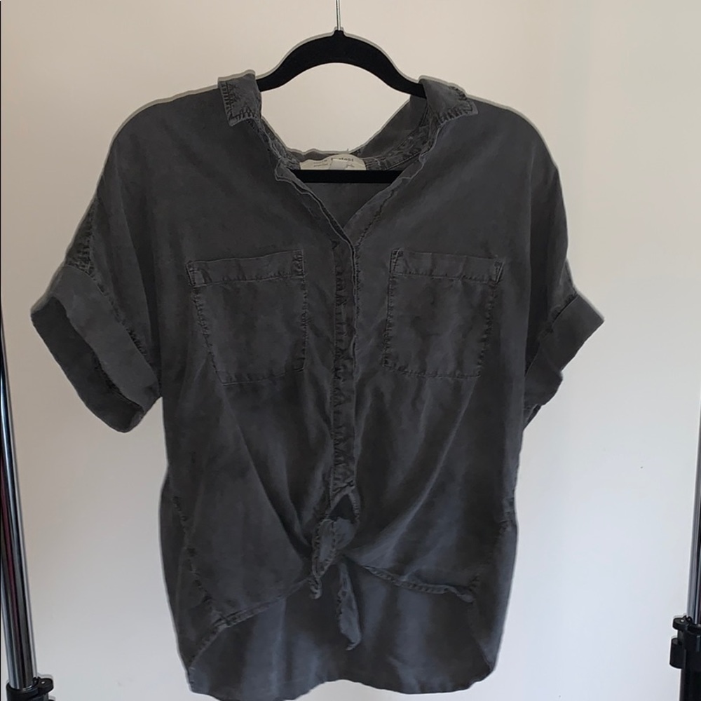 Cloth and Stone Grey Collared Tie Blouse